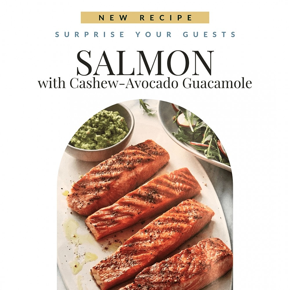 Salmon with cashew-avocado guacamole dish.