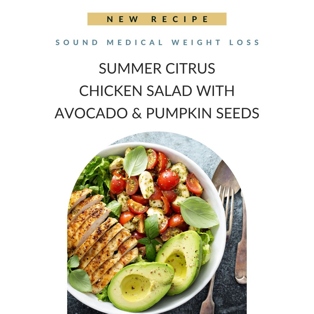 Summer citrus chicken salad with avocado and seeds.