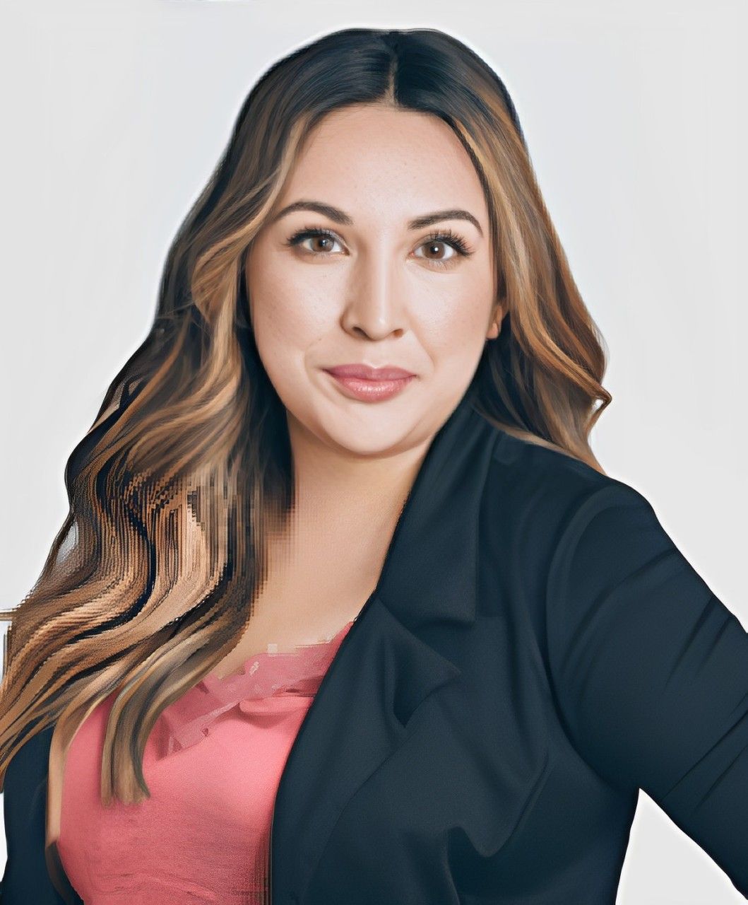 Portrait of woman with long hair, wearing blazer.