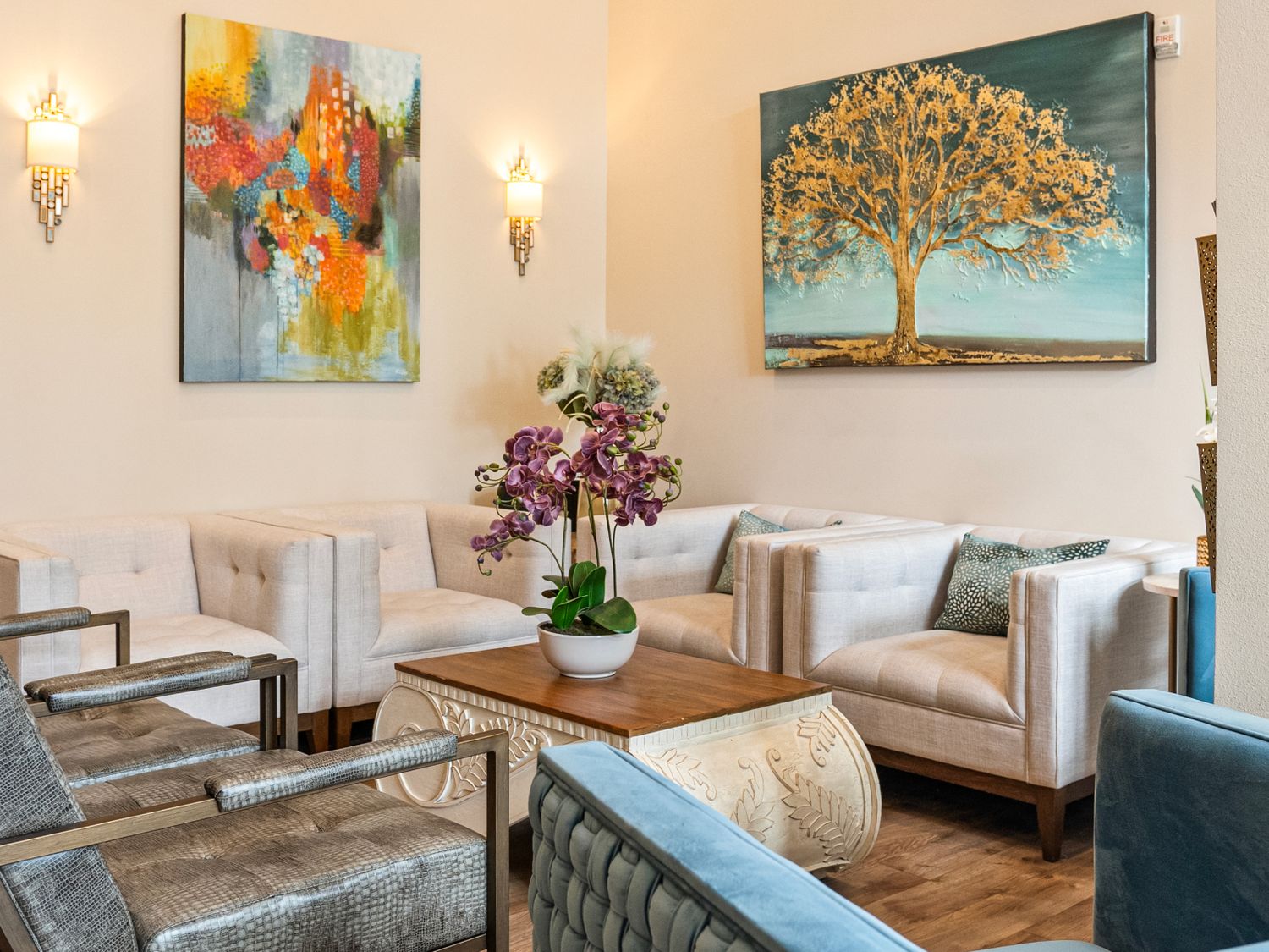 Modern lounge with art and stylish furniture.