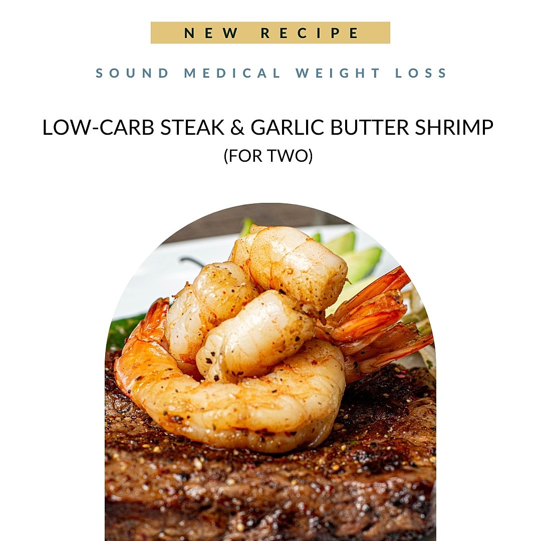 Low-carb steak with garlic butter shrimp dish